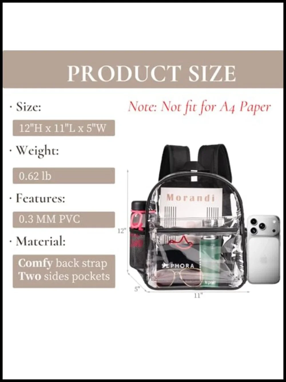 Clear Stadium Approved Backpack See Through PVC Travel Concerts Sports